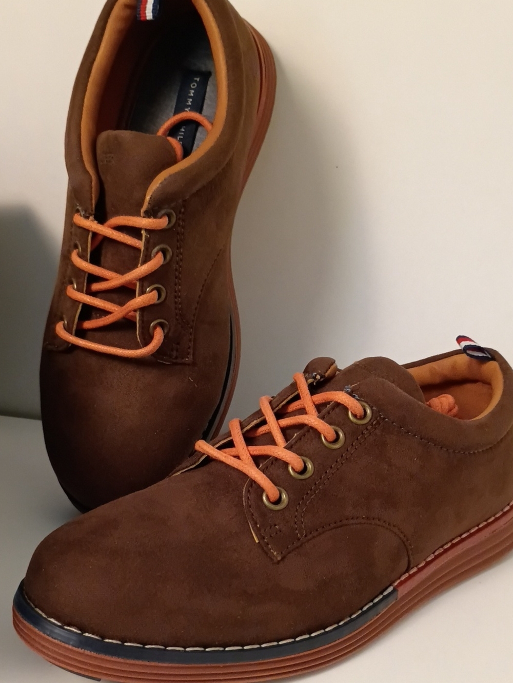 Tommy Hilfiger Brown Suede Lace-Up Loafers with Orange Laces
